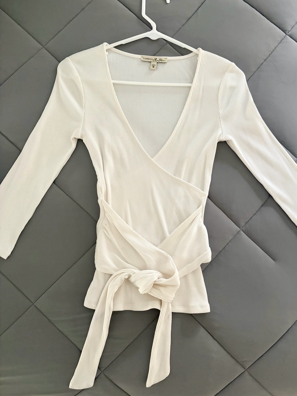Express Cream Ribbed Wrap Tie-Front Top